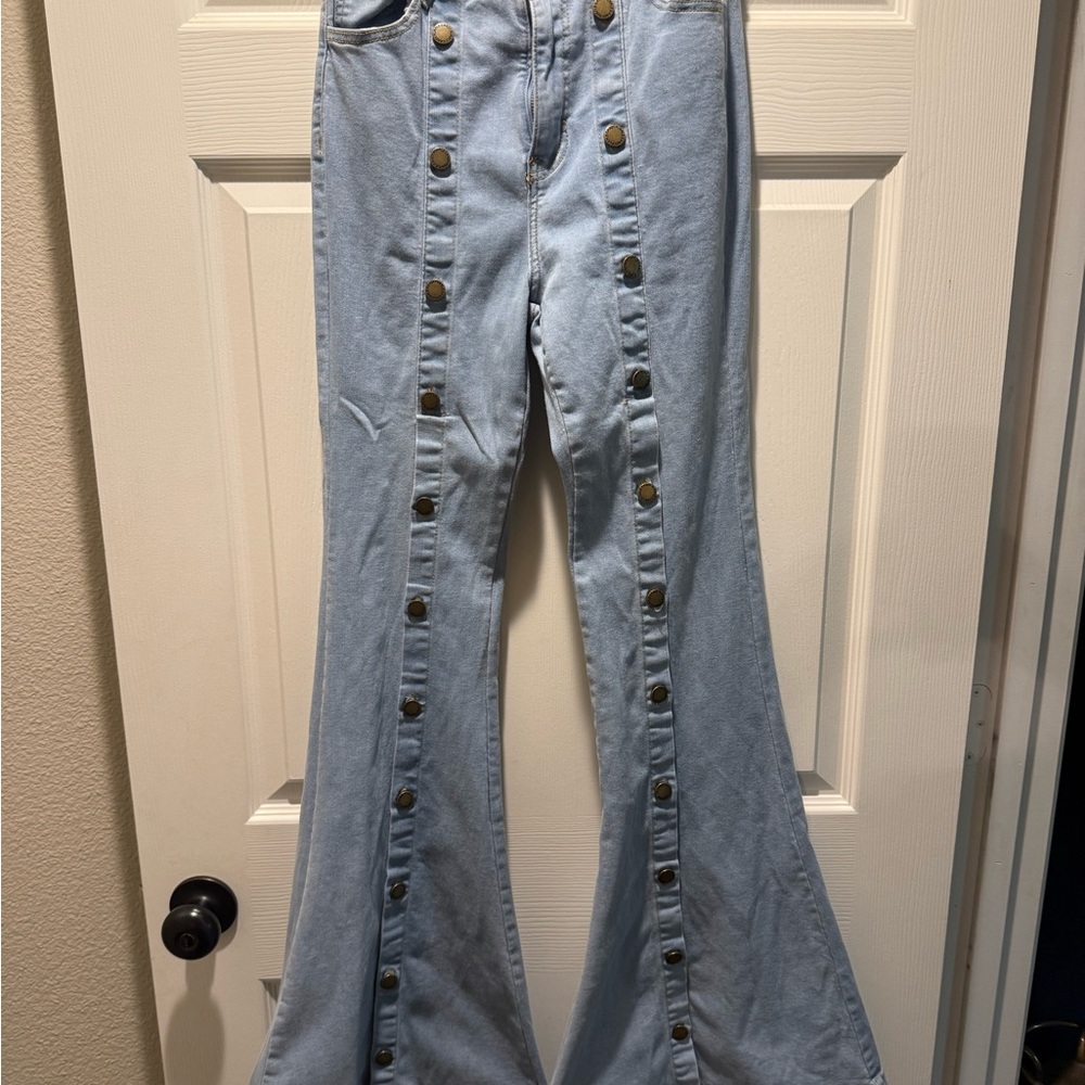 Light Blue Flared Jeans with Button Details